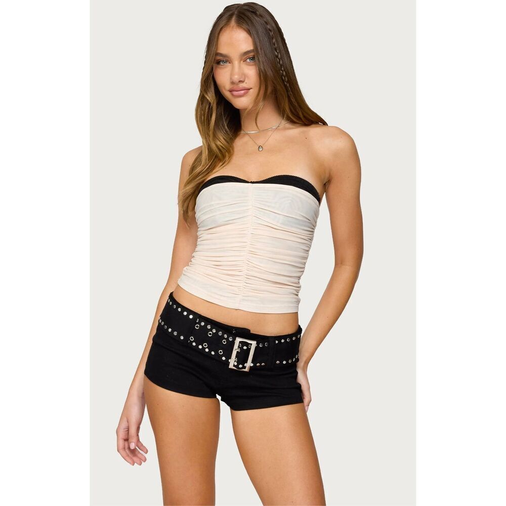 Edikted Ruched Mesh Corset Top Strapless Cream Contrast Bra NWT Size Large